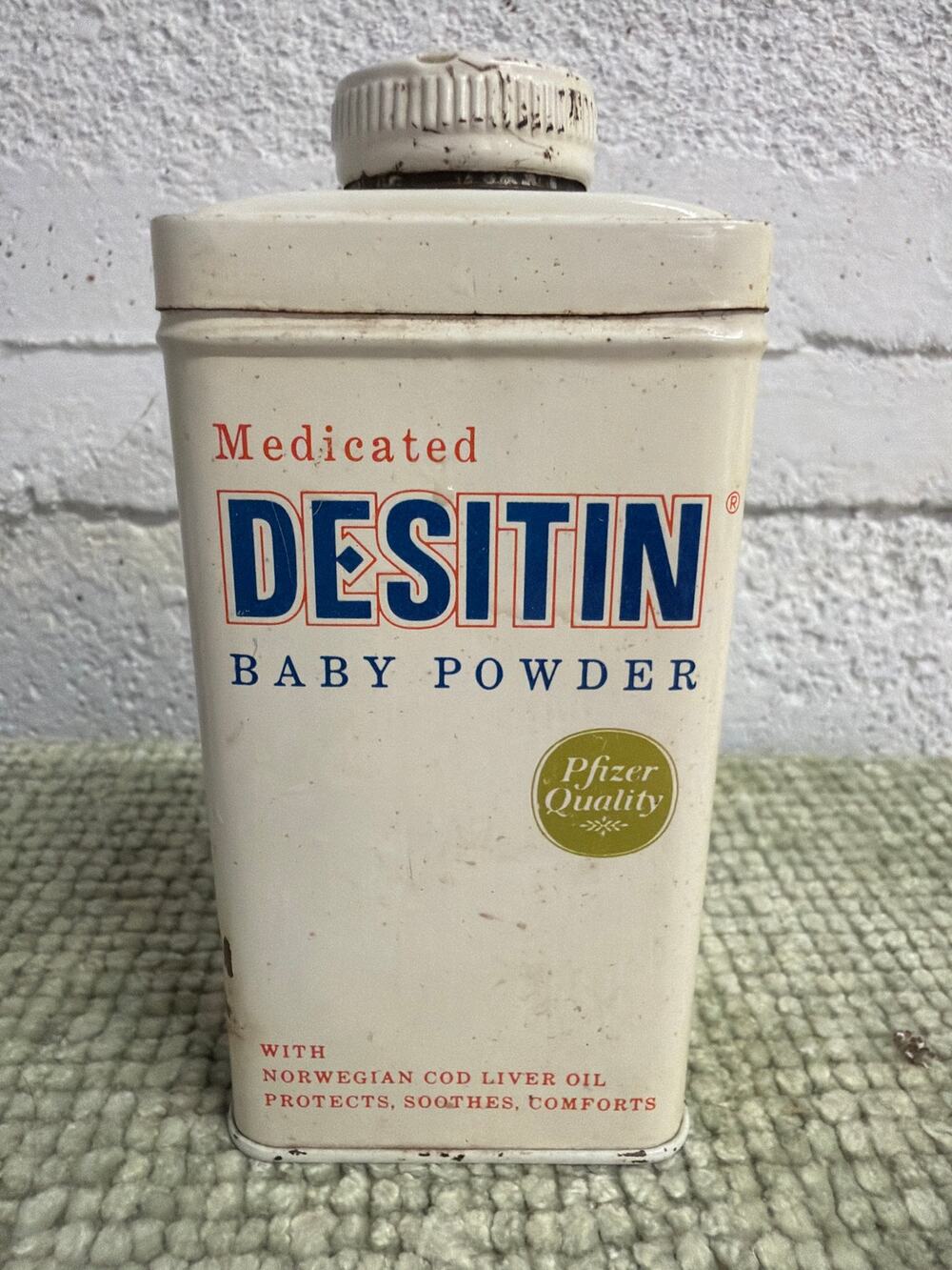 Vintage Desitin Baby Powder Tin Pfizer Norweigan Cod Liver Oil Advertising